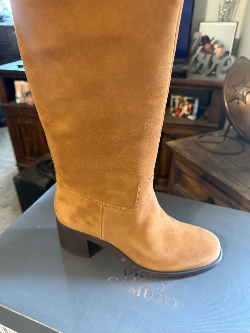 Vince Camuto Tall Suede Heeled Boots Amree Cognac Brown 9M